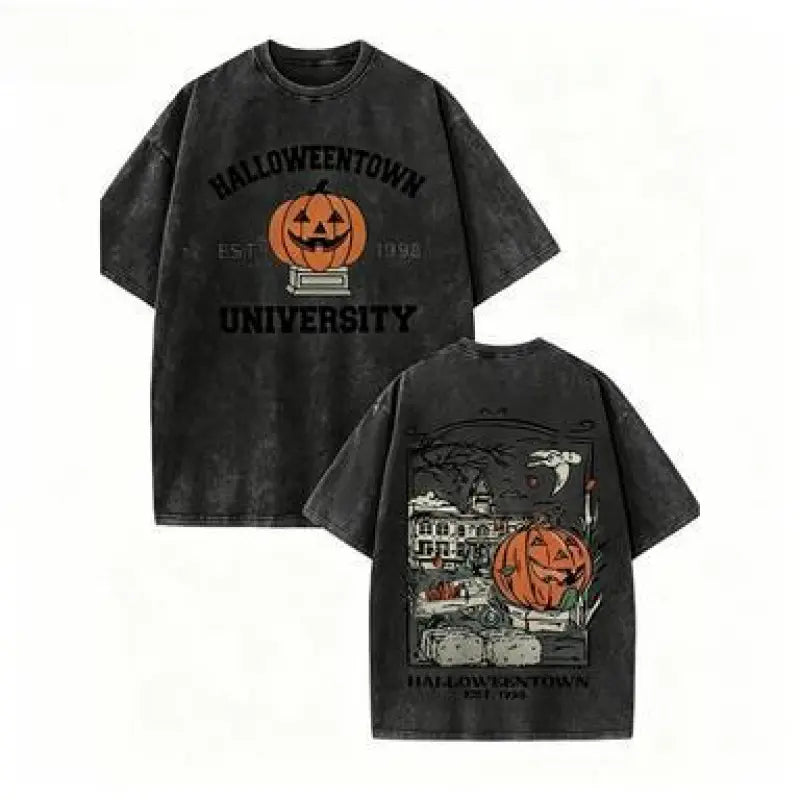 Halloweentown University Vintage Halloween T-Shirt/Sweatshirt/Hoodie – Pumpkin Front & Back Graphic Washed Tee