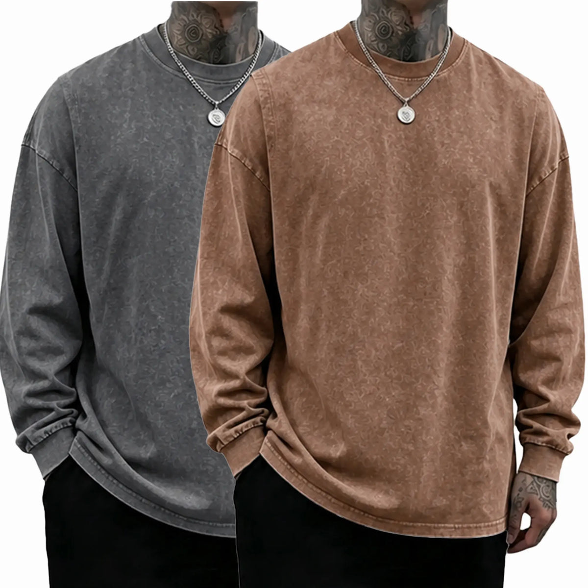 Men’s Vintage Washed Long Sleeve T-Shirt/Sweatshirt/Hoodie – Oversized Crewneck Relaxed Fit Streetwear Tee