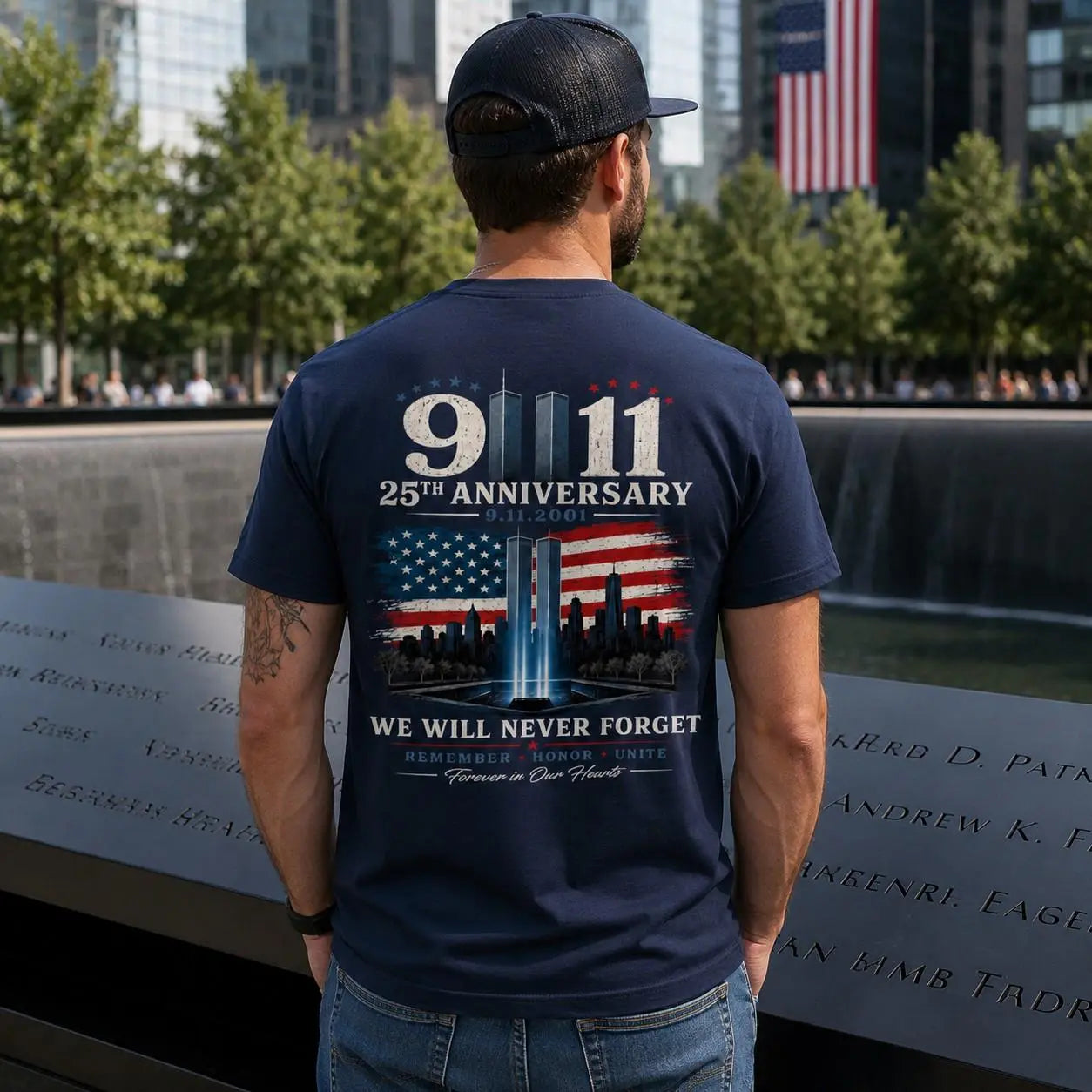 9/11 25th Anniversary Memorial T-Shirt/Sweatshirt/Hoodie – We Will Never Forget Patriotic American Flag Two-Sided Graphic Tee