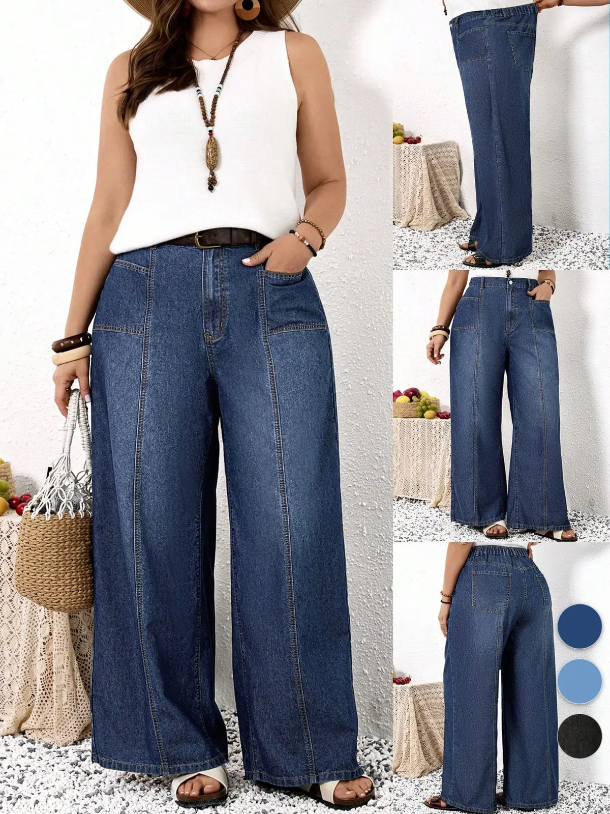 Women’s  Wide Leg Jeans – High Waist Stretch Denim Pants with Pockets