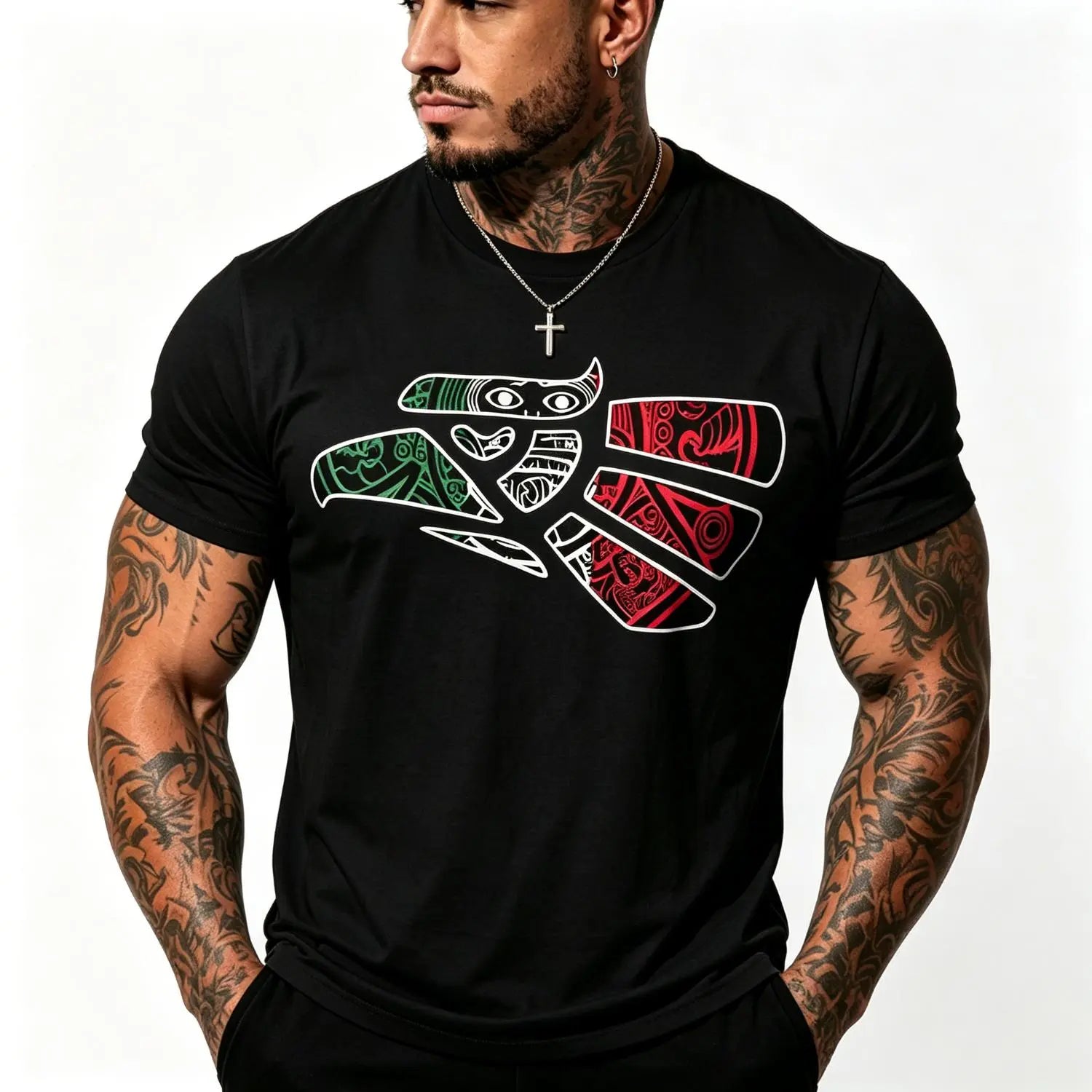 Mexico Heritage Eagle Graphic Tee/Sweatshirt/Hoodie - Featuring Green White Red Mexico Eagle Tribal Art Design with Mexico Flag Tattoo Eagle