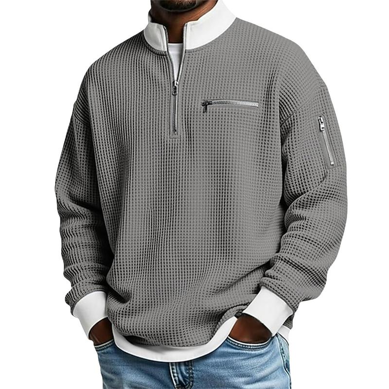 Men's Waffle Knit Quarter-Zip Pullover – Contrast Collar Casual Sweatshirt