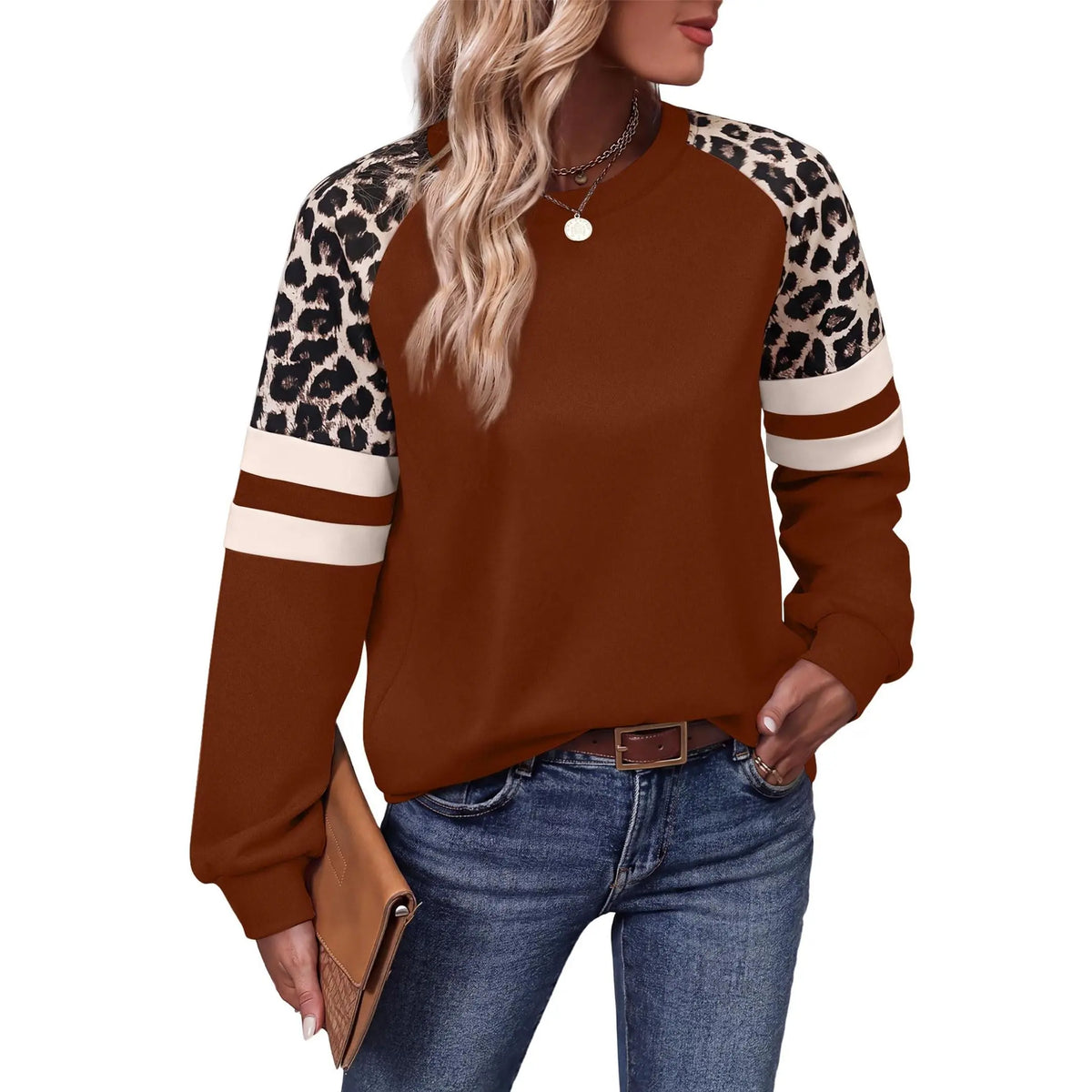 Women’s Leopard Color Block Sweatshirt – Long Sleeve Crewneck Casual Pullover Top