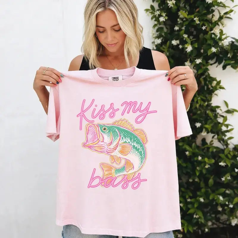 BojjiCo Kiss My Bass Fish T-Shirt/Sweatshirt/Hoodie - Cute Preppy Lake Life Outfit Sassy Fishing Gift for Her