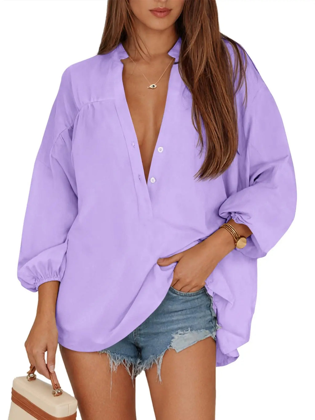 Women’s V Neck Button Down Blouse – 3/4 Sleeve Loose Fit High Low Hem Casual Tunic Top
