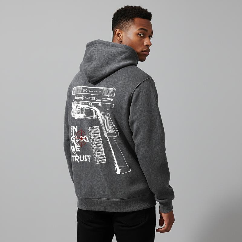 Men's In Glock We Trust graphic Graphic Hoodie - Cotton Blend Black Long Sleeve Pullover Regular Fit | Soft & Breathable Fabric, Durable Print, Everyday Comfort, Machine Washable, urban streetwear outdoor casual