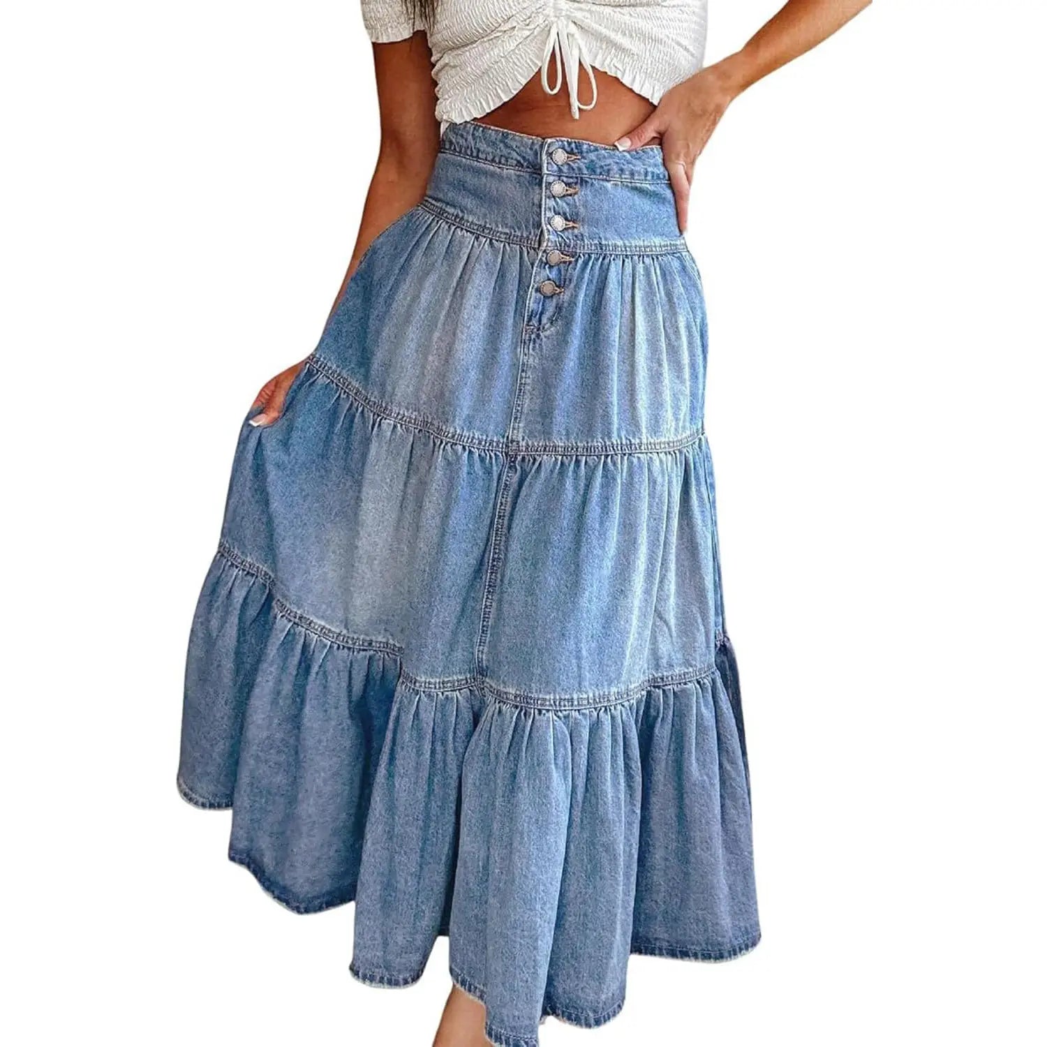 Women’s High Waisted Tiered Denim Maxi Skirt – A-Line Ruffle Button Front Boho Jean Skirt