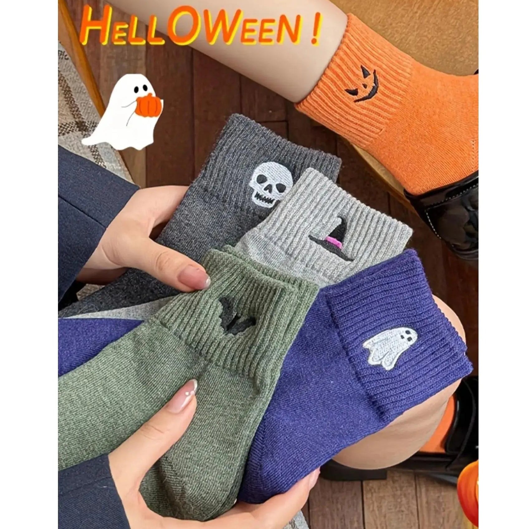 Cute Halloween Embroidered Socks Set | Cozy Fall Pumpkin Ghost Crew Socks