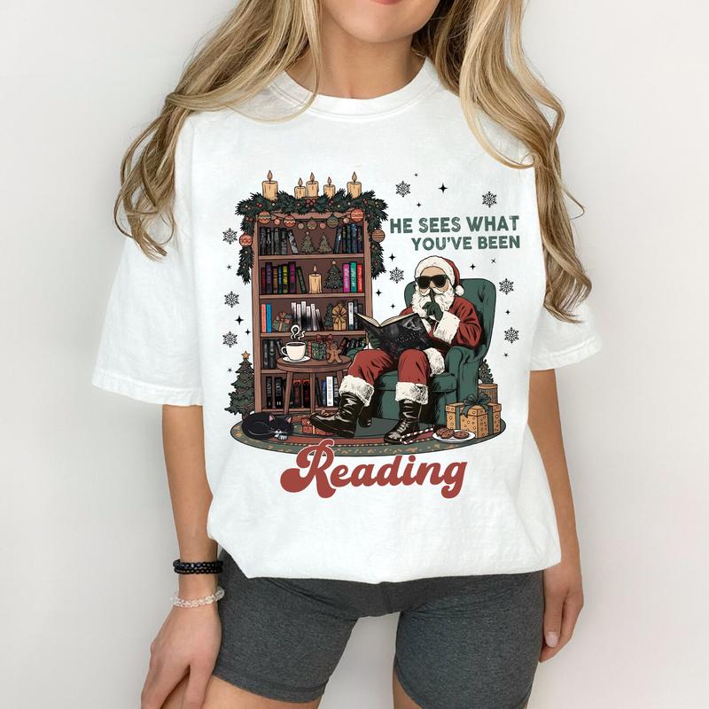 He Sees What You've Been Reading T-Shirt, Santa Reading Dark Romance Book Sweatshirt, Funny Bookish Christmas Hoodie, Smut Reader Gift, Spicy Book Lovers