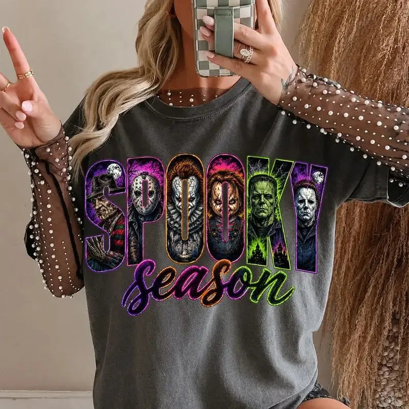 🤡Spooky Season Horror Graphic T-Shirt/Sweatshirt/Hoodie – Retro Scary Movie Neon Halloween Retro Tee