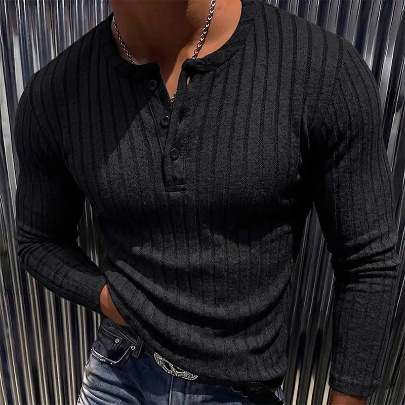 Men’s Ribbed Henley Shirt – Slim Fit Long Sleeve Button Neck Knit Top
