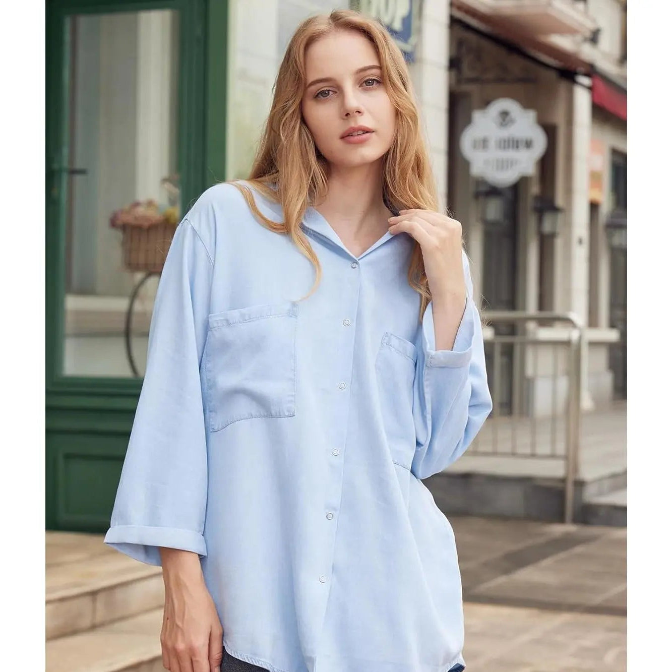 Women’s Tencel Chambray Denim Shirt – Oversized Button Down 3/4 Sleeve Top with Pockets