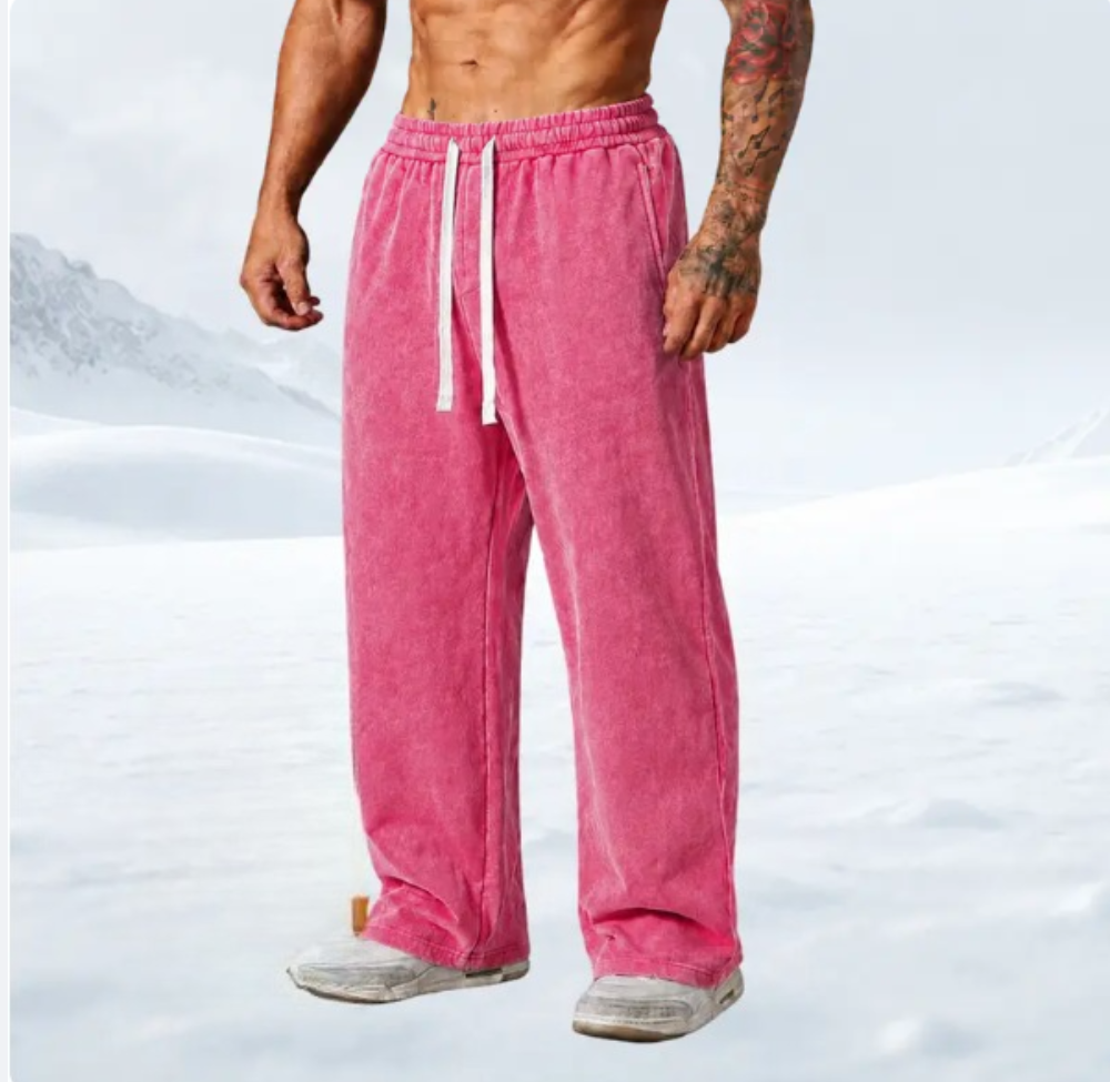 Men's Vintage Washed Baggy Heavyweight Fabric Sweatpants – Loose Straight-Leg Drawstring Pants