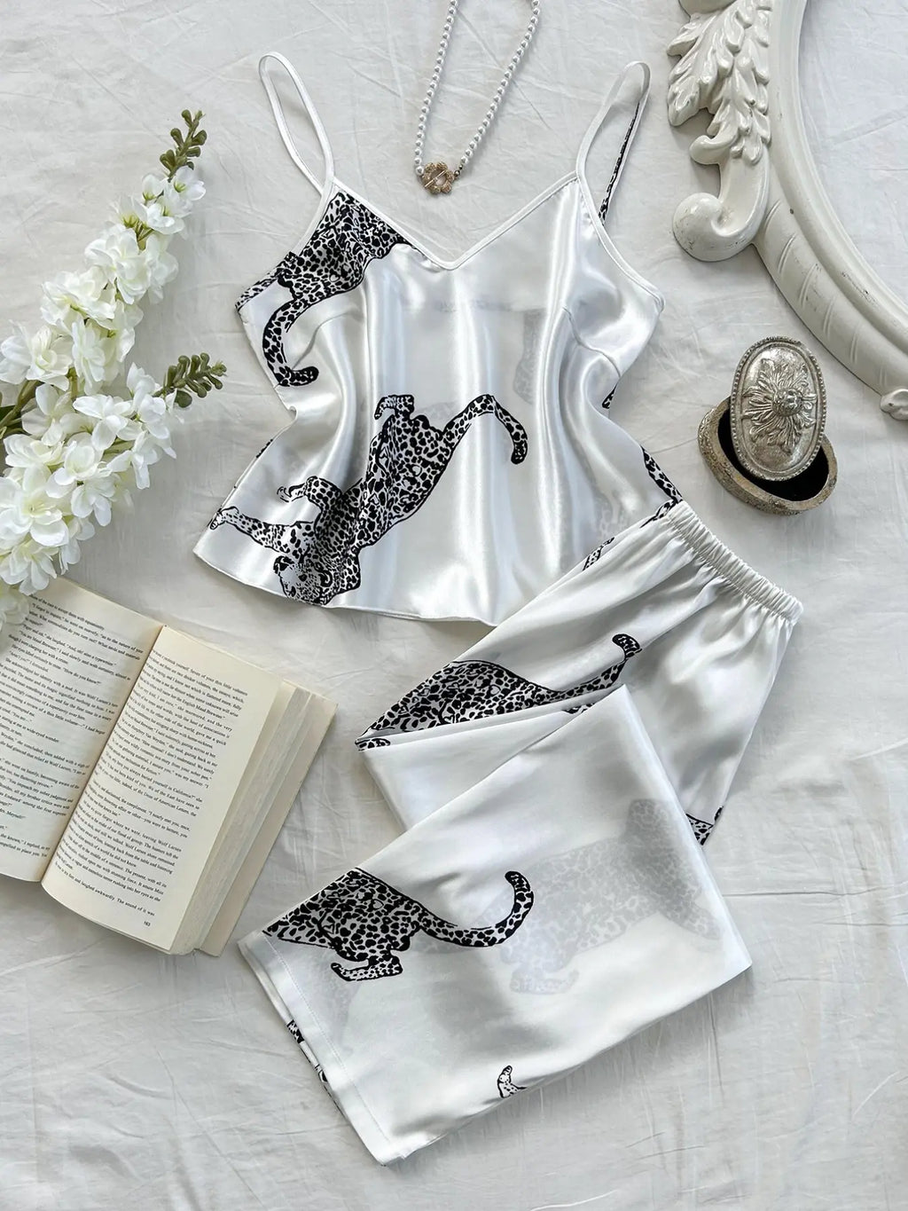 Women's Satin Leopard Pajama Set – Elegant Cami Lounge Set for Cozy Nights
