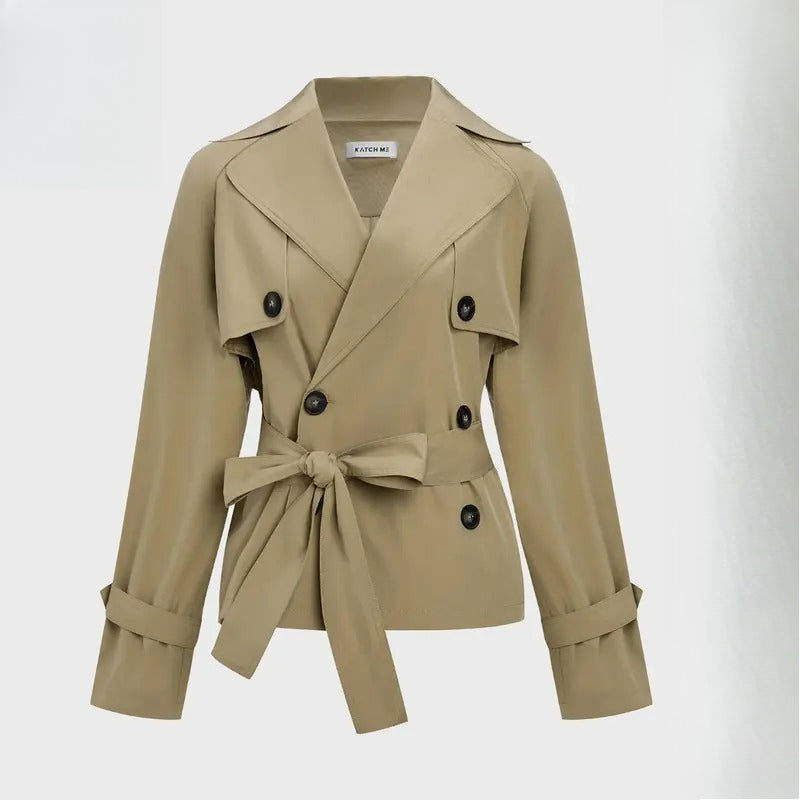 Women's Chic Belted Short Trench Jacket – Double-Breasted Fall Coat