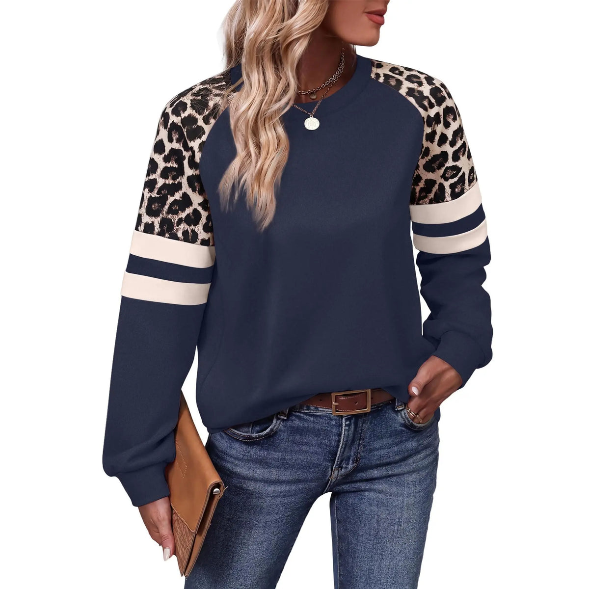Women’s Leopard Color Block Sweatshirt – Long Sleeve Crewneck Casual Pullover Top
