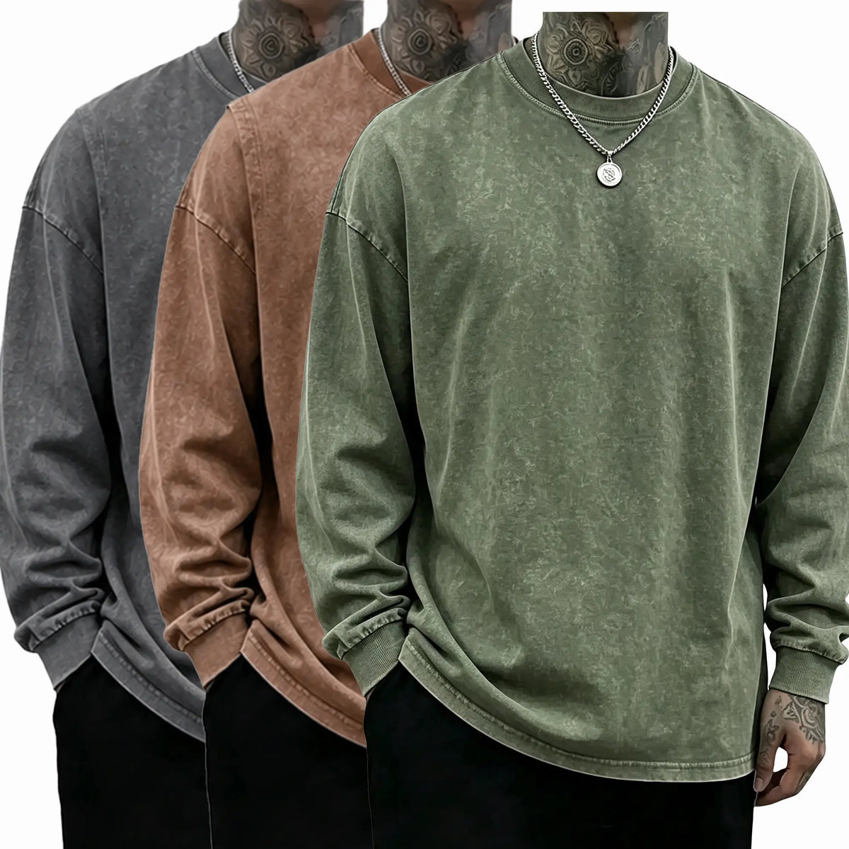 Men’s Vintage Washed Long Sleeve T-Shirt/Sweatshirt/Hoodie – Oversized Crewneck Relaxed Fit Streetwear Tee