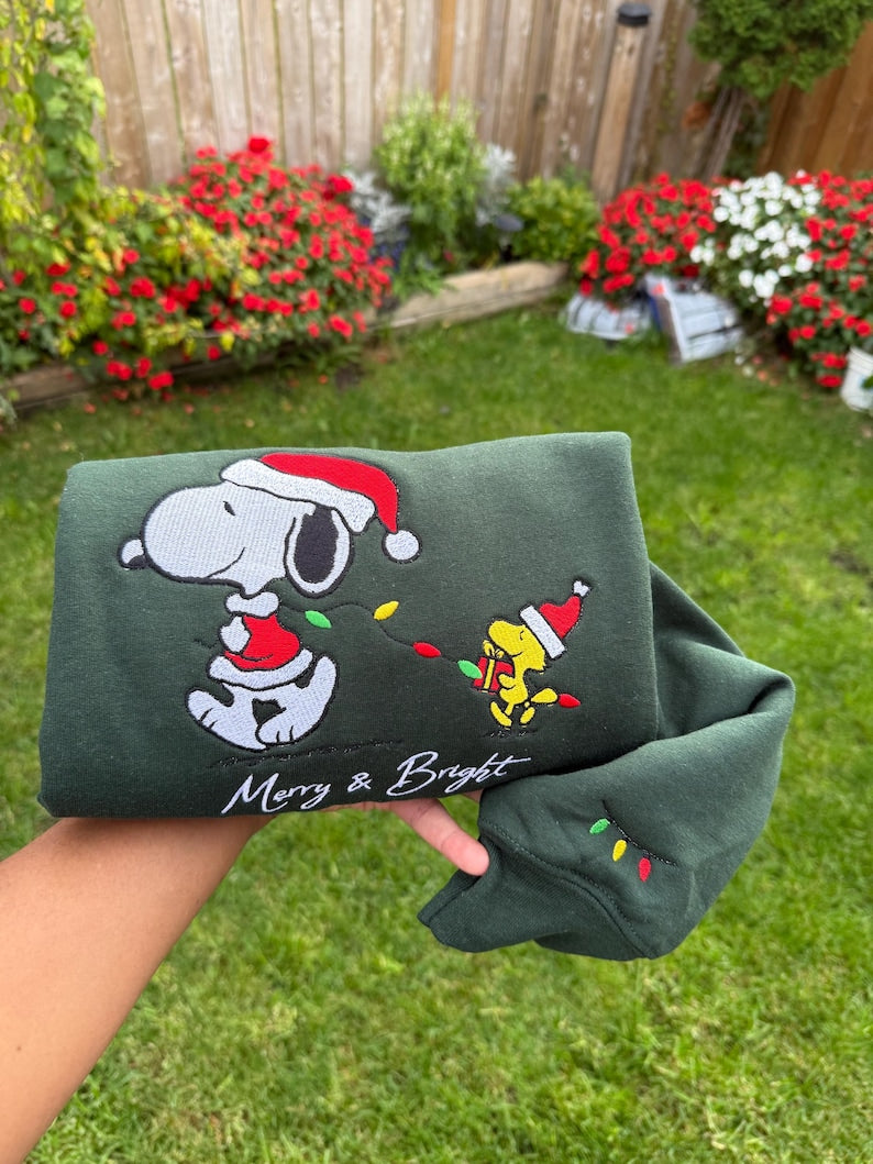 Merry and Bright Holiday Crewneck, Embroidered Dog with Santa Hat, Festive Lights Sweatshirt, Cozy Handmade Gift