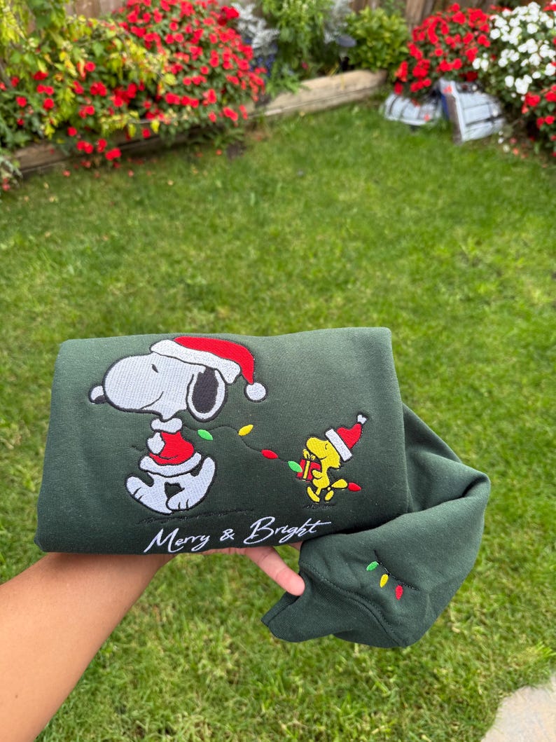 Merry and Bright Holiday Crewneck, Embroidered Dog with Santa Hat, Festive Lights Sweatshirt, Cozy Handmade Gift