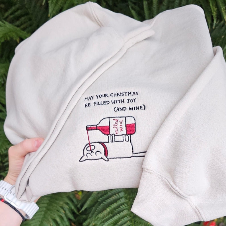 Embroidered Funny Christmas Sweatshirt, Wine Lover Christmas Jumper, Funny Gift For Her