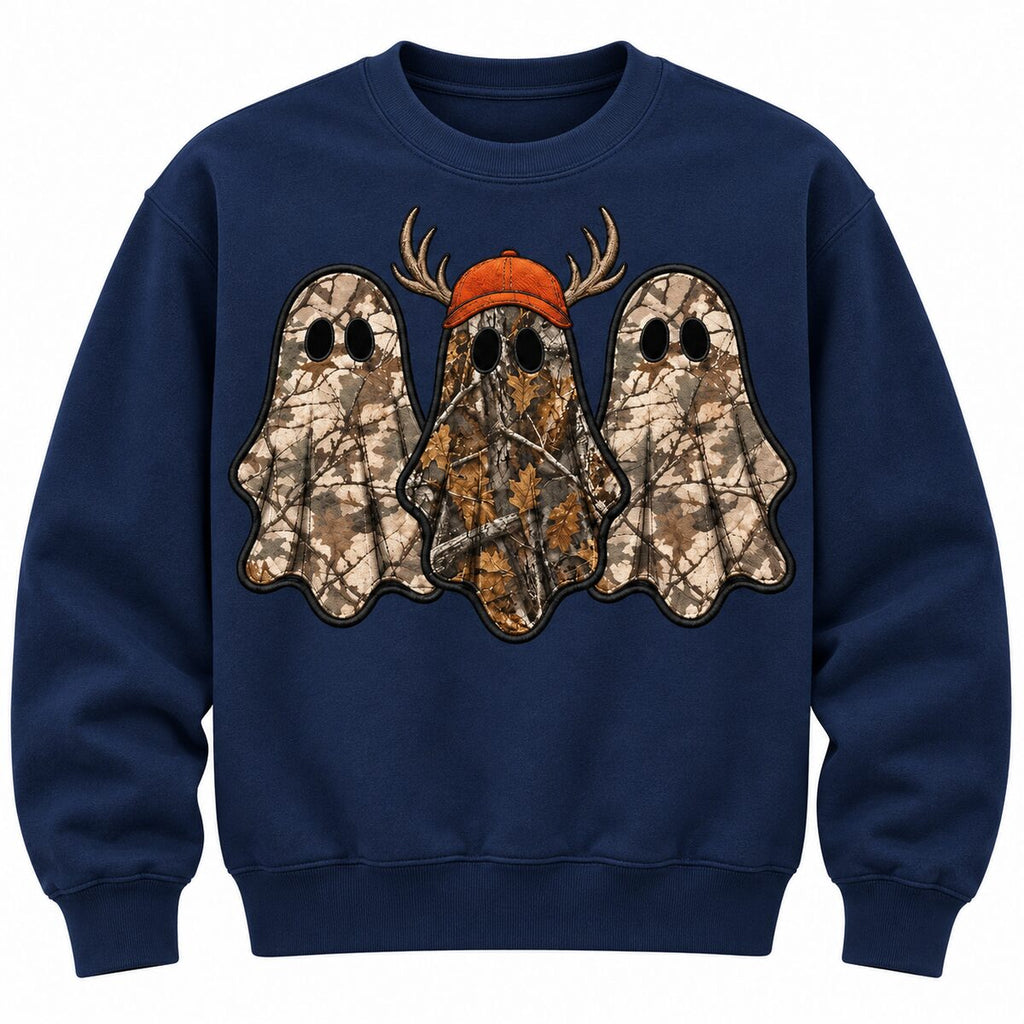 Camo Ghost Hunting Halloween Printed Sweatshirt/Hoodie/T-shirt – Vintage Hunting Season Graphic Crewneck