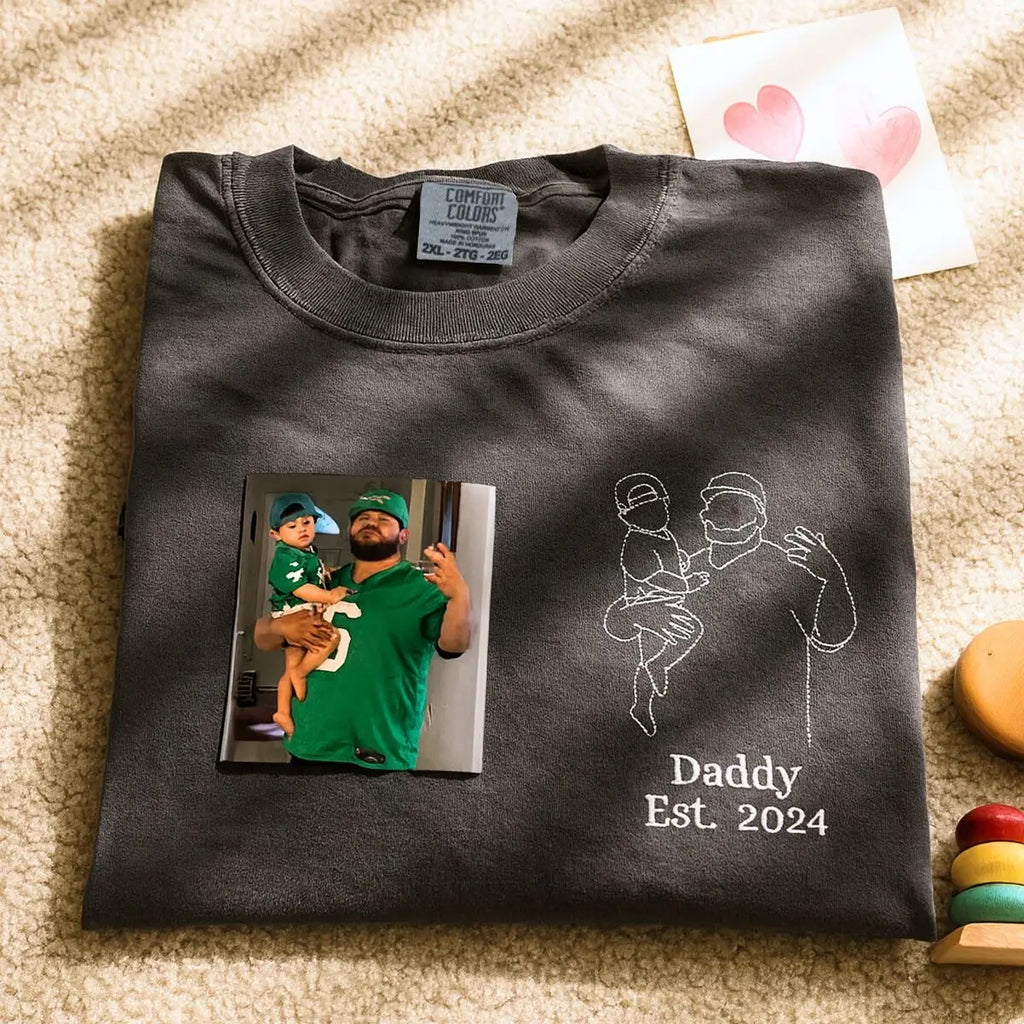 Custom Awesome Dad T Shirt with Portrait and Kids Names on Chest, Embroidered Gift for Dad