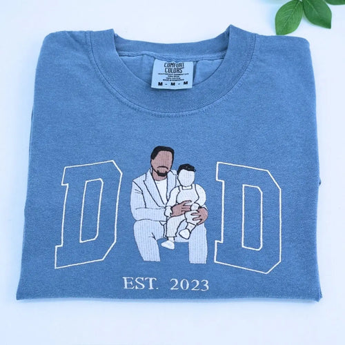 Custom Awesome Dad T Shirt with Portrait and Kids Names on Chest, Embroidered Gift for Dad